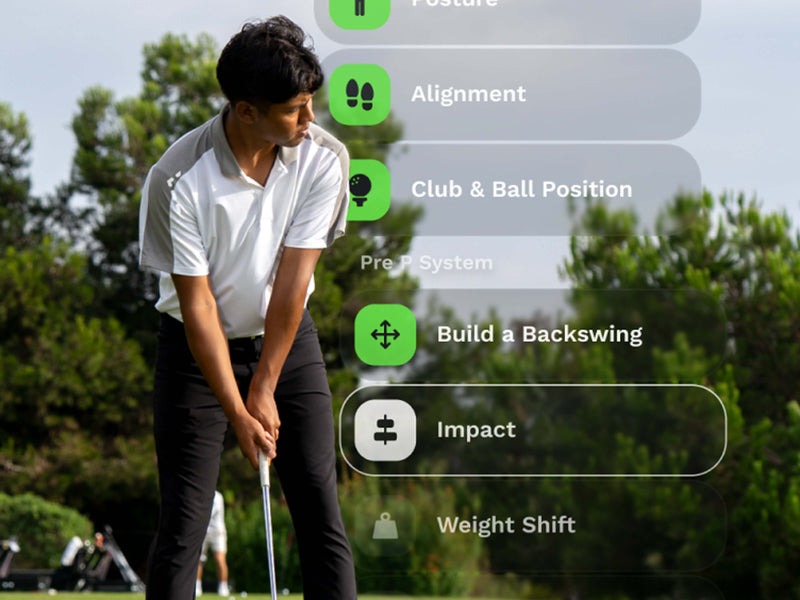 Person golfing with instructional graphics on form and technique.