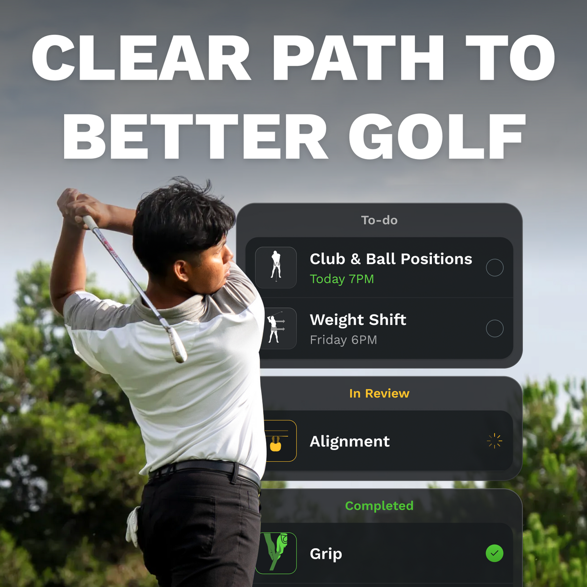 Golf player in action with a to-do list overlay on a screen from a Golf daddy app