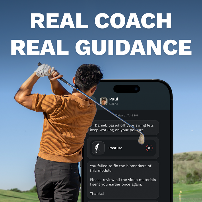 Man on golf course with smartphone showing app interface with text 'Real Coach Real Guidance'.