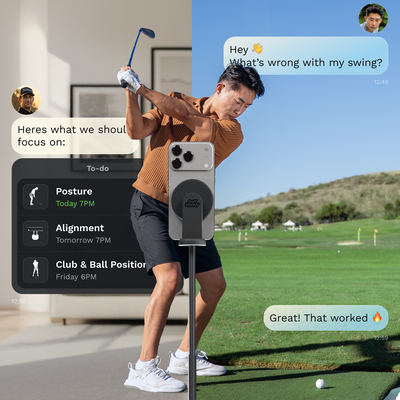 A person on a golf course with a smartphone app displaying golf tips and metrics.