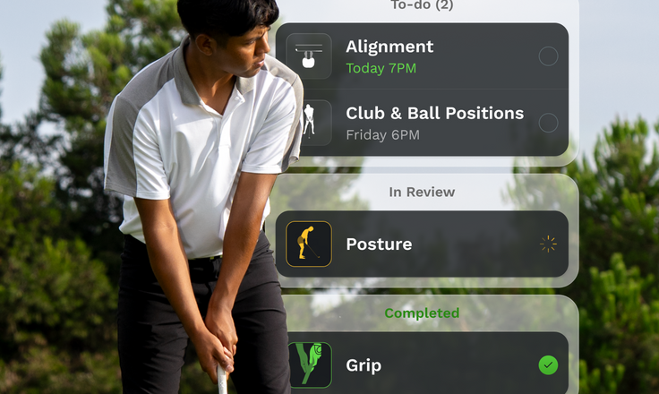 Golfer preparing to putt with a digital interface overlay showing golf-related tasks.
