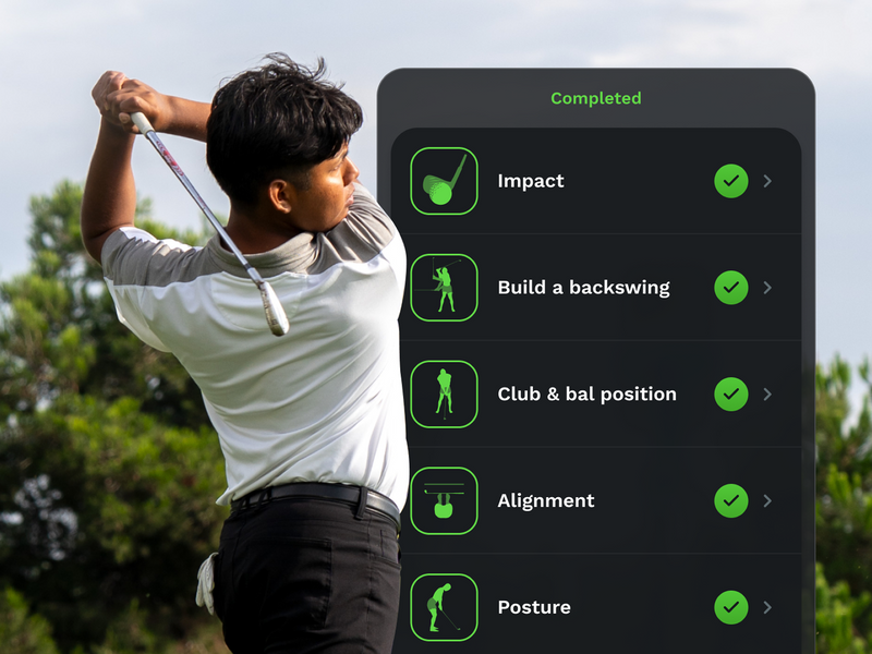 Golfer in action with a screen overlay showing golf swing analysis steps.