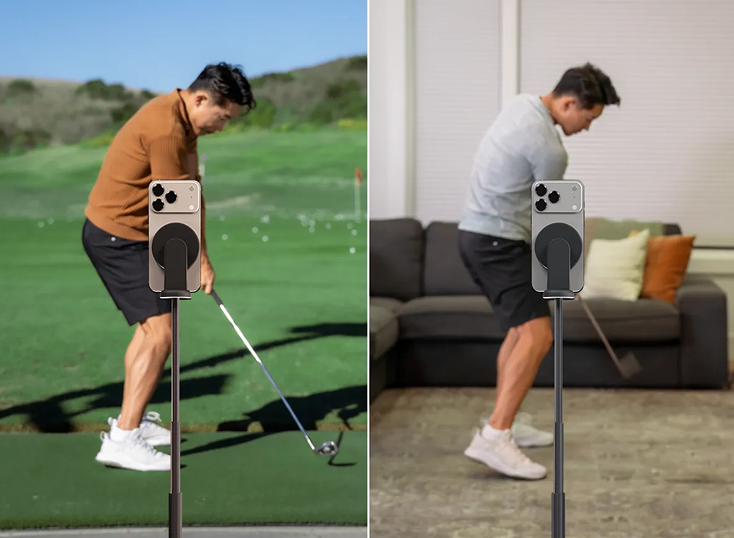 Person playing golf outdoors and indoors with a device on a stand.