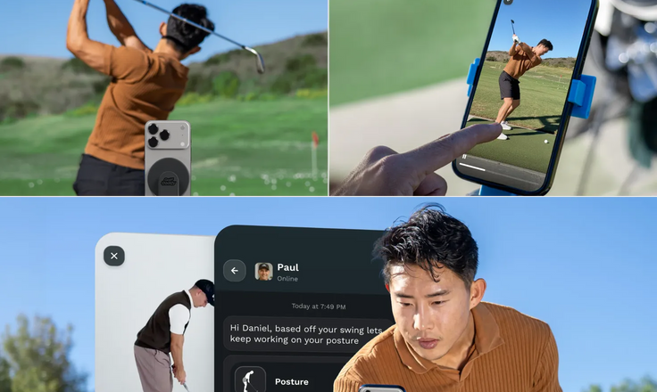 Golfer taking a swing with a smartphone app displaying the action