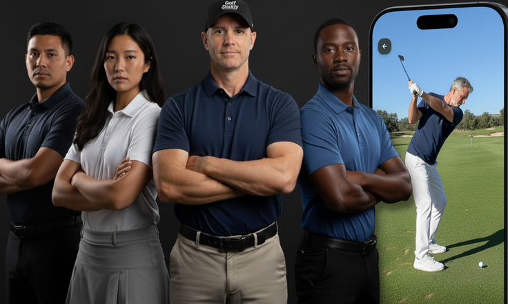 Four people standing together with a smartphone screen showing a golfer on a golf course.