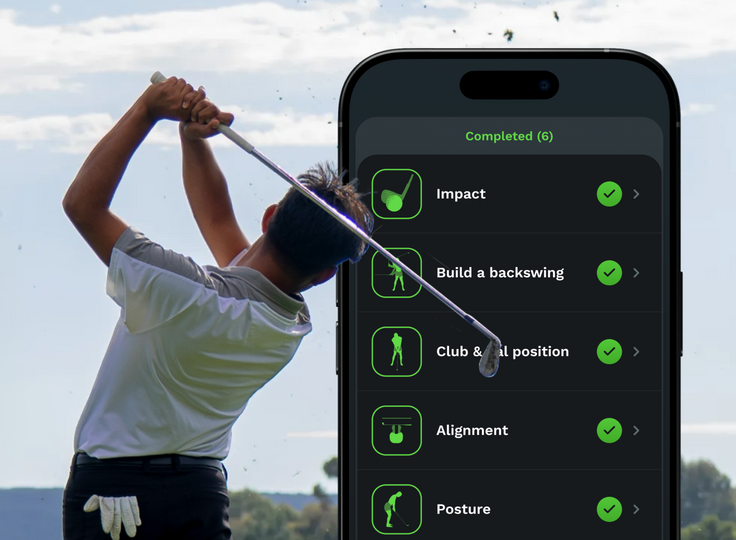 Golf player in action with a smartphone displaying golf swing analysis app