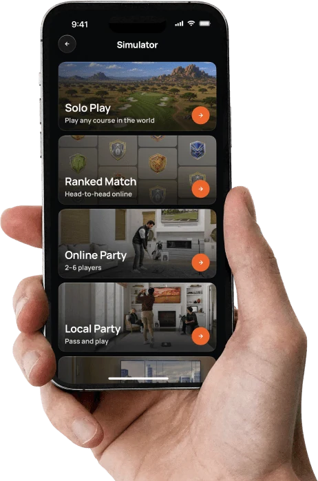 Hand holding an iPhone showing the Benchmark Golf simulator game modes