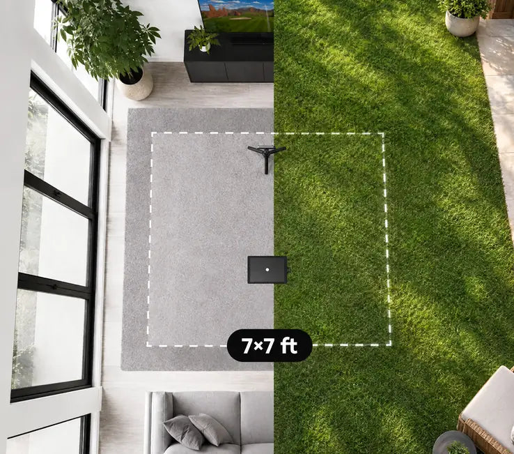 Top-down view of a 7 by 7 feet play area, half in a living room and half on a backyard lawn