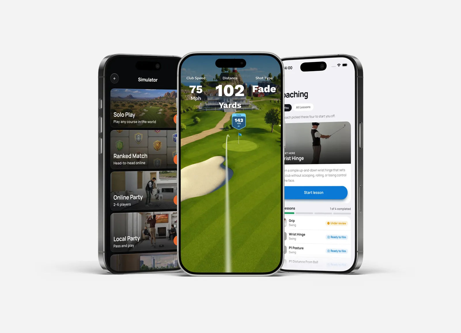 Benchmark Golf app screens: simulator, ball flight, coaching