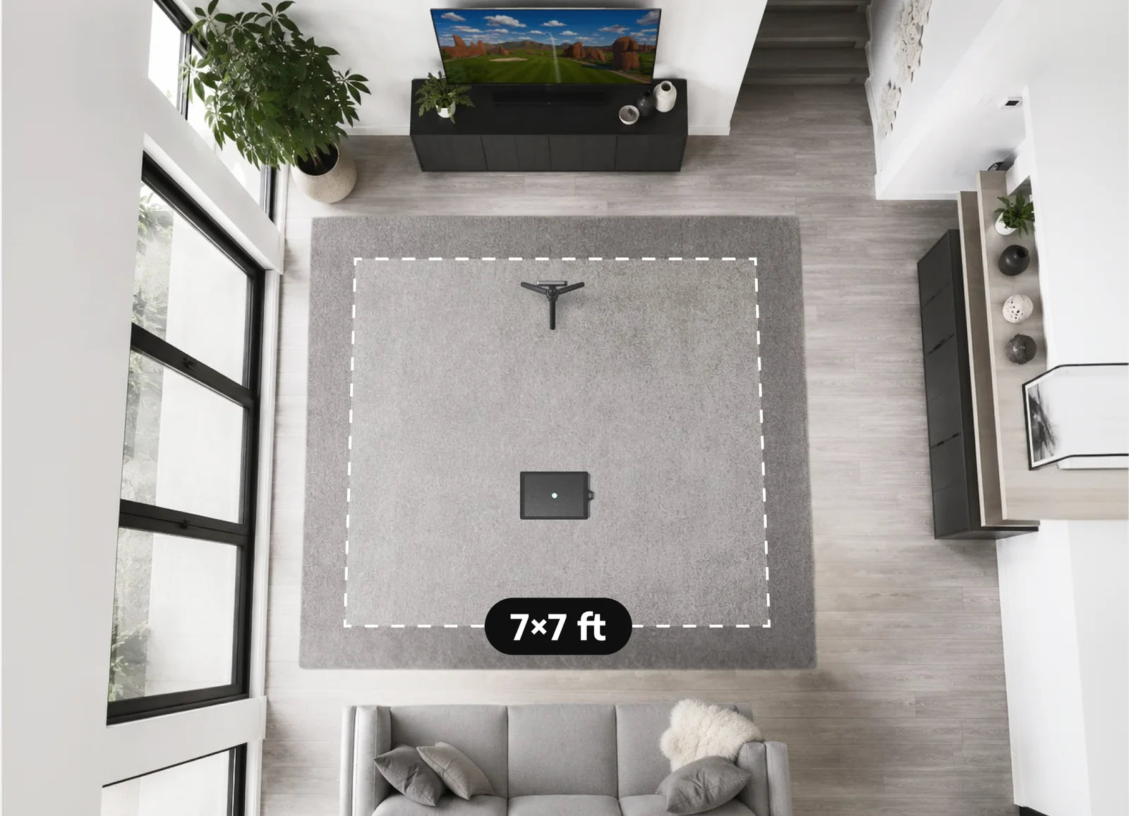Top-down room with the 7 by 7 feet play space