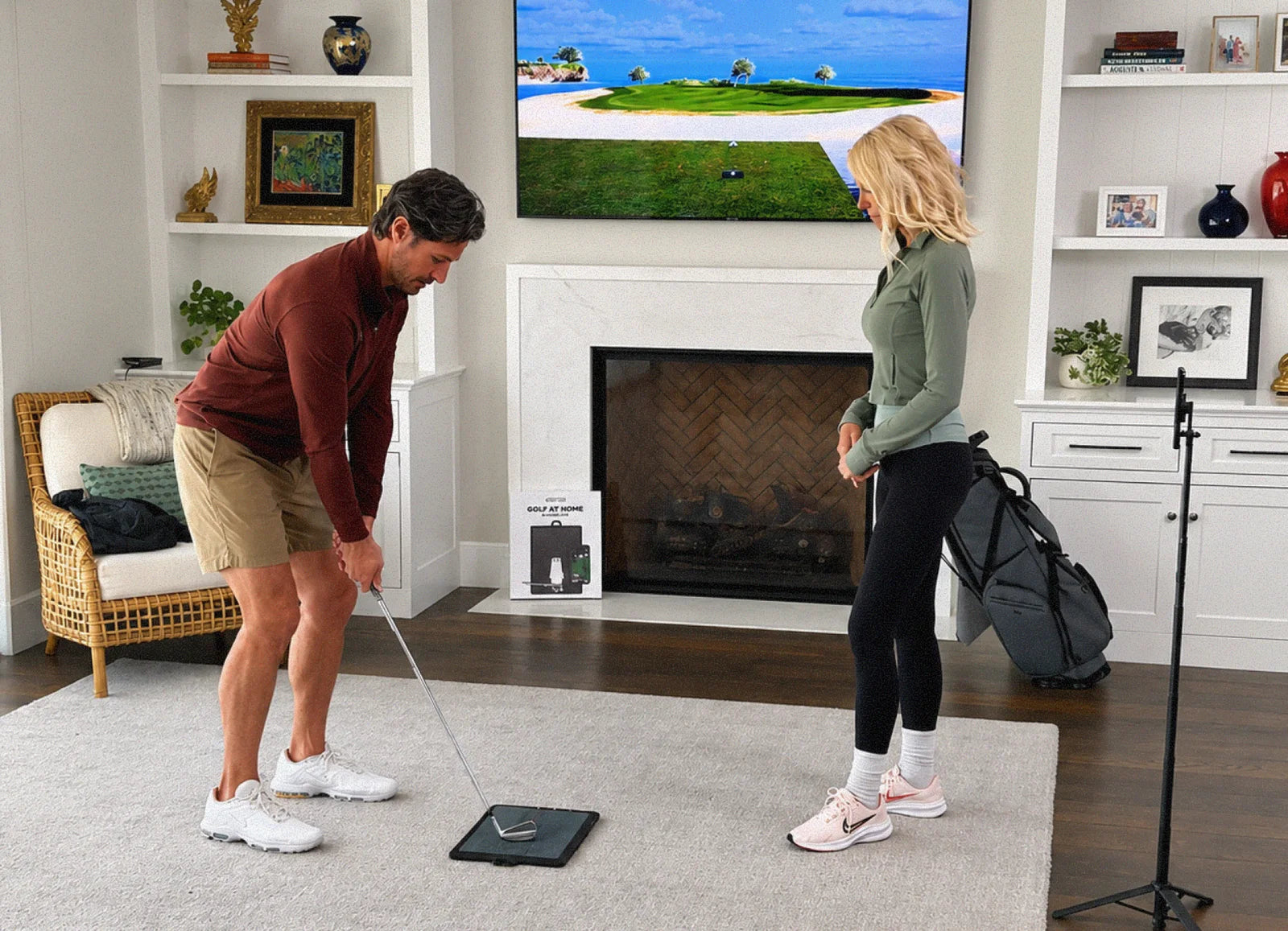 Couple playing a round in the living room