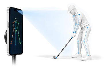A phone on its tripod reading a golfer's swing as a 3D skeleton