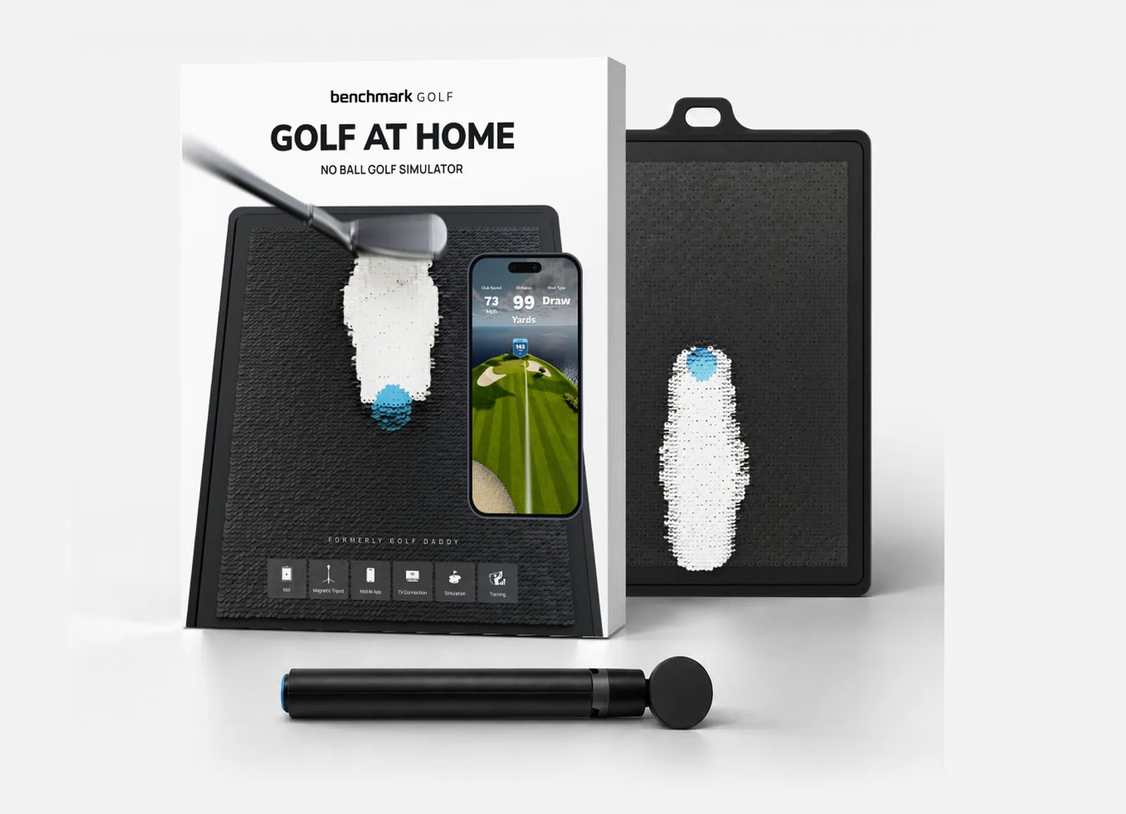 Golf At Home Simulator box with mat and magnetic tripod