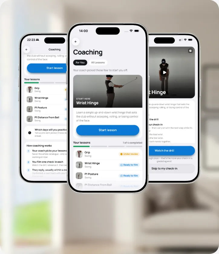 Your lesson plan: three Coaching screens from the Benchmark Golf app, with the lessons your coach picked and swings waiting to be filmed