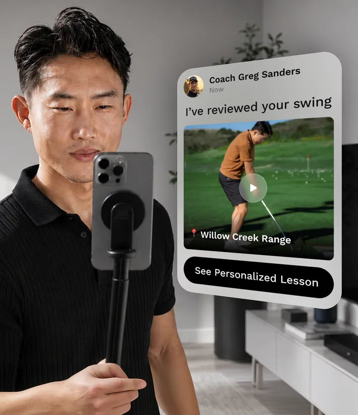 Real coach review: the coach lesson card over a golfer filming with his phone