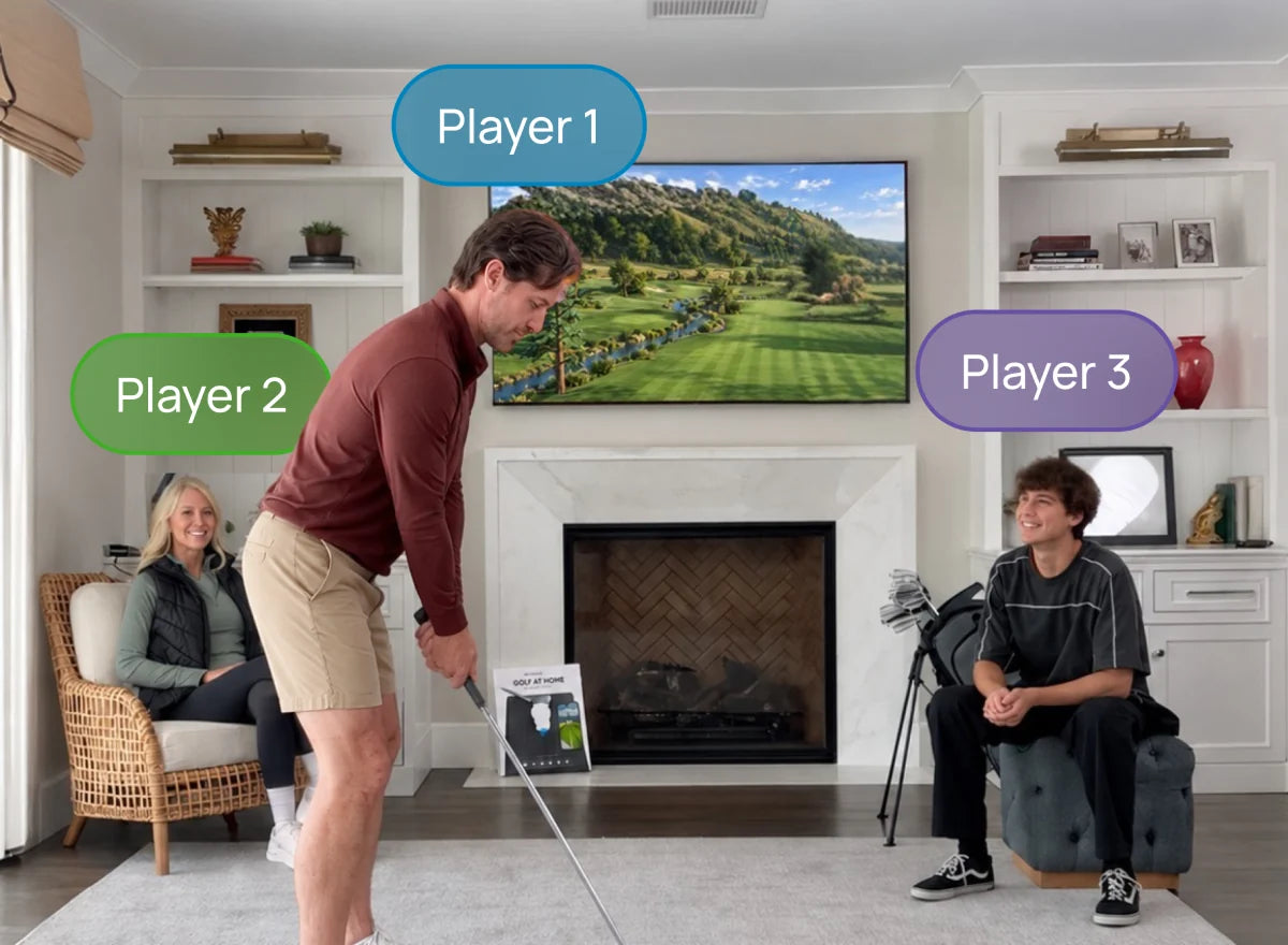 Friends taking turns on one mat, the course on the TV