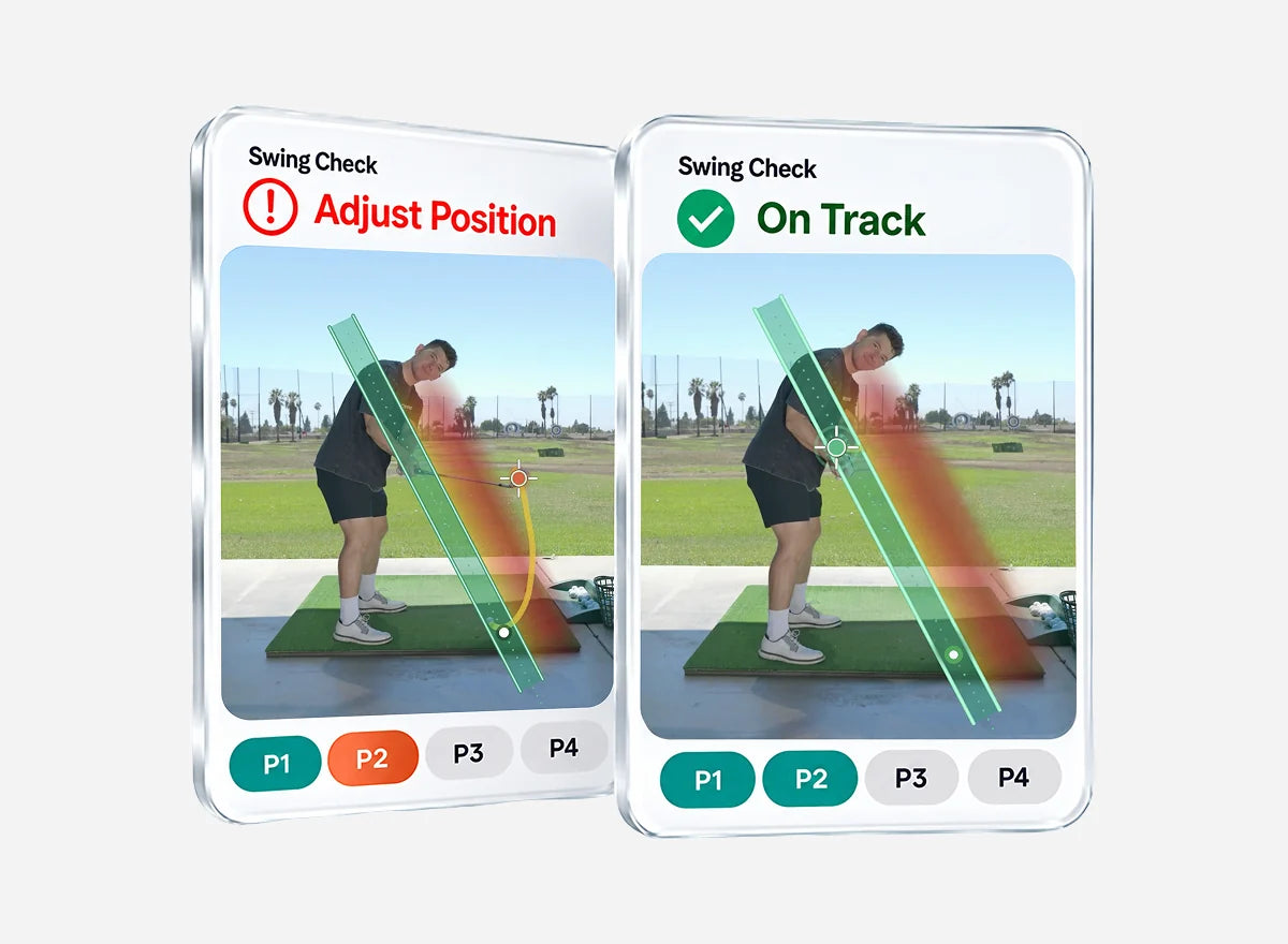Two Swing Check screens: adjust position, then on track