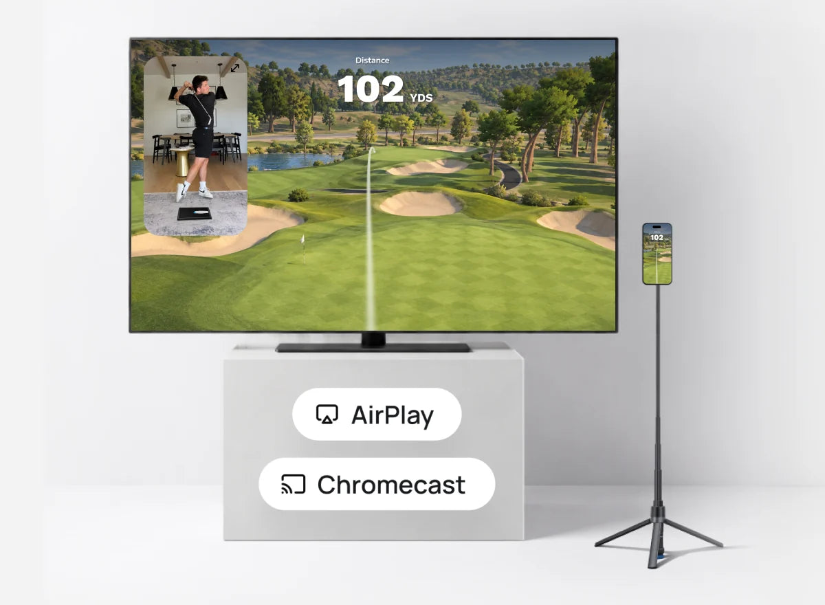 A course cast to a TV over AirPlay or Chromecast, the phone on its tripod beside it
