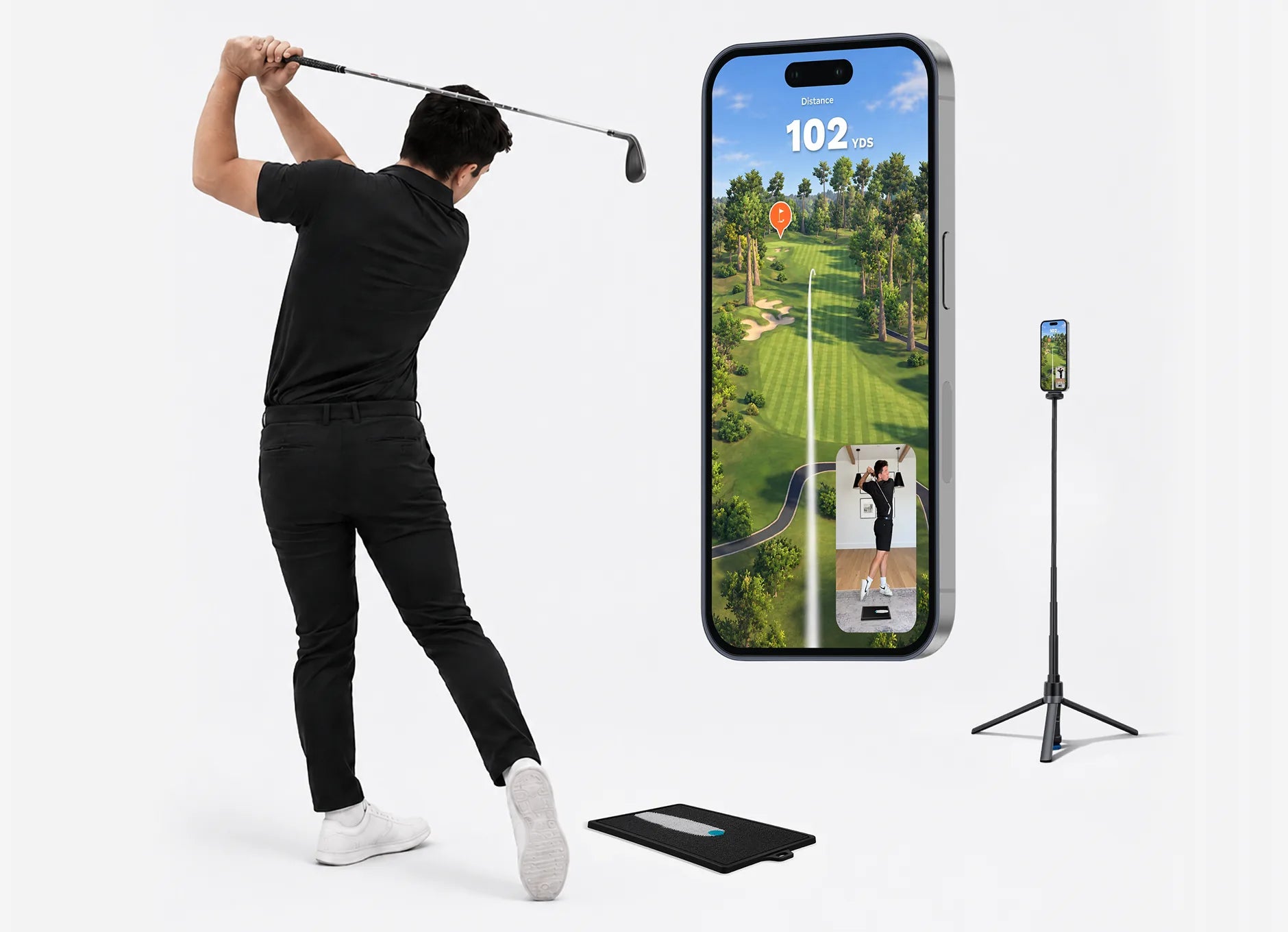 A full swing beside the phone on its tripod, the shot measured at 102 yards on screen